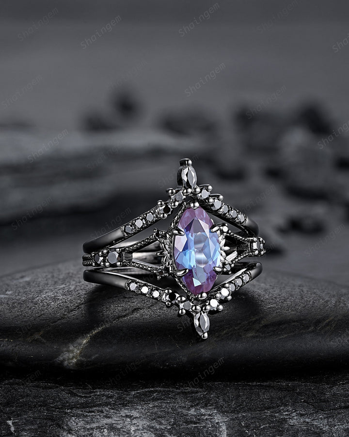 Black Gold 3PCS Marquise Cut Alexandrite Engagement Ring Set, Gothic Punk Bridal Set, Black Rhodium Wedding Set, Black Promise Ring Gift - ShainJewelry