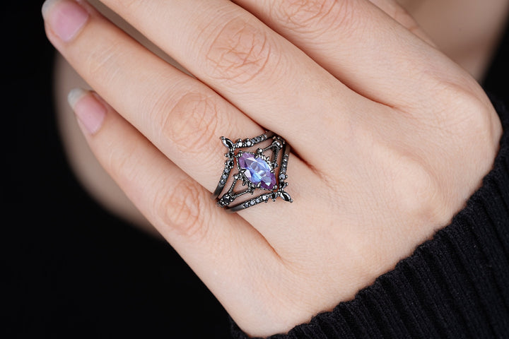 Black Gold 3PCS Marquise Cut Alexandrite Engagement Ring Set, Gothic Punk Bridal Set, Black Rhodium Wedding Set, Black Promise Ring Gift - ShainJewelry