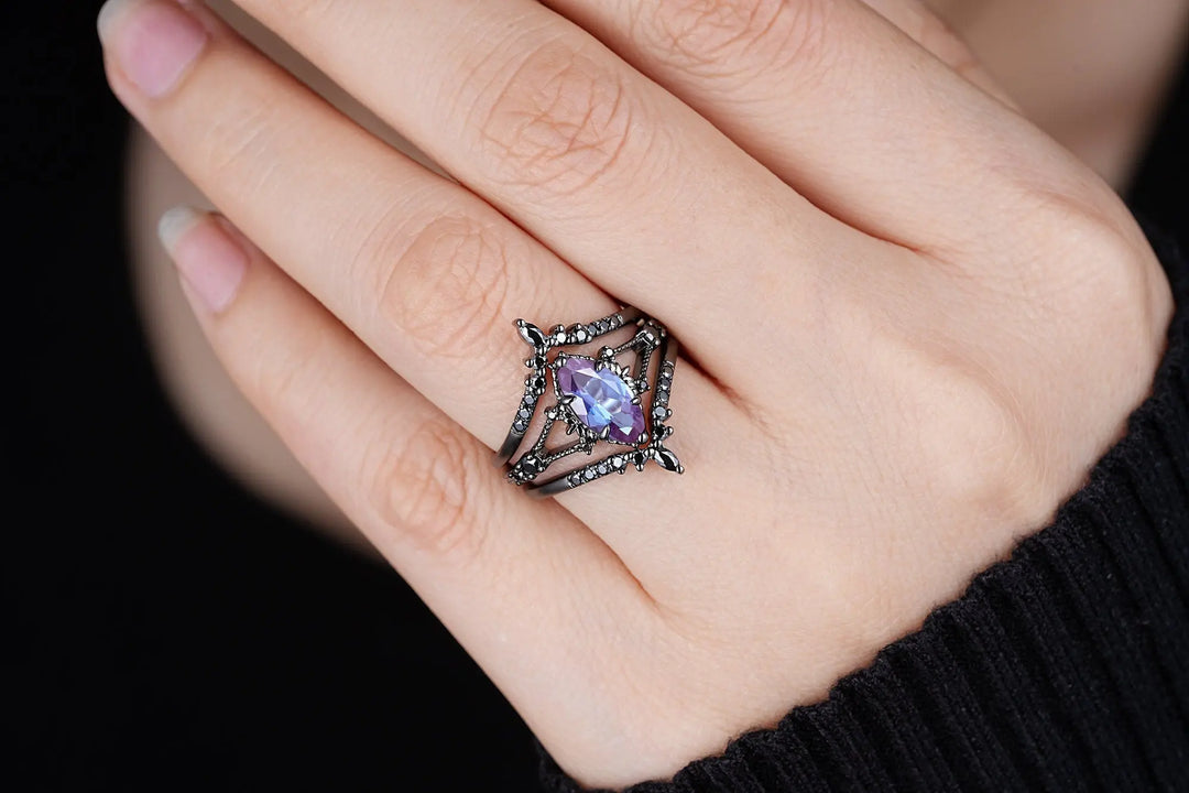 3PCS Gothic Marquise Cut Alexandrite Engagement Ring Set, Witchy Punk Bridal Set, Black Rhodium Wedding Set, Black Gold Promise Ring Gift - ShainJewelry