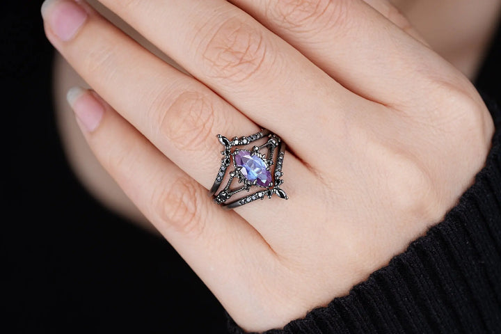 3PCS Gothic Marquise Cut Alexandrite Engagement Ring Set, Witchy Punk Bridal Set, Black Rhodium Wedding Set, Black Gold Promise Ring Gift - ShainJewelry