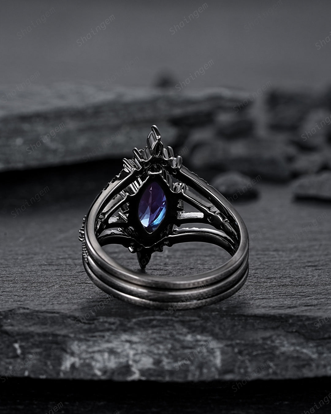 Black Gold 3PCS Marquise Cut Alexandrite Engagement Ring Set, Gothic Punk Bridal Set, Black Rhodium Wedding Set, Black Promise Ring Gift - ShainJewelry
