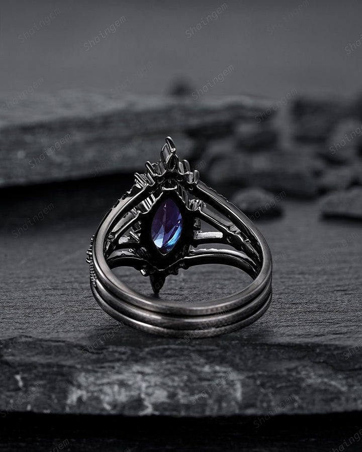 Black Gold 3PCS Marquise Cut Alexandrite Engagement Ring Set, Gothic Punk Bridal Set, Black Rhodium Wedding Set, Black Promise Ring Gift - ShainJewelry