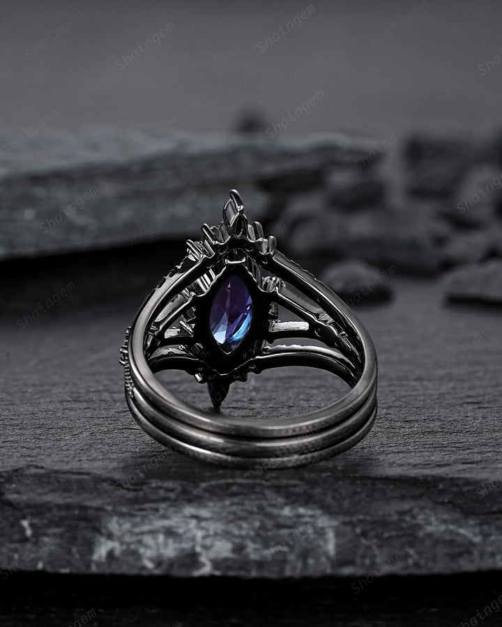 3PCS Gothic Marquise Cut Alexandrite Engagement Ring Set, Witchy Punk Bridal Set, Black Rhodium Wedding Set, Black Gold Promise Ring Gift - ShainJewelry