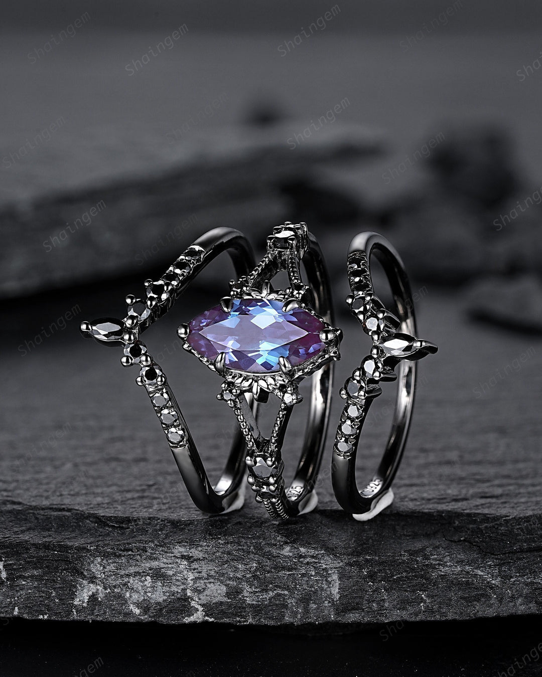 Black Gold 3PCS Marquise Cut Alexandrite Engagement Ring Set, Gothic Punk Bridal Set, Black Rhodium Wedding Set, Black Promise Ring Gift - ShainJewelry