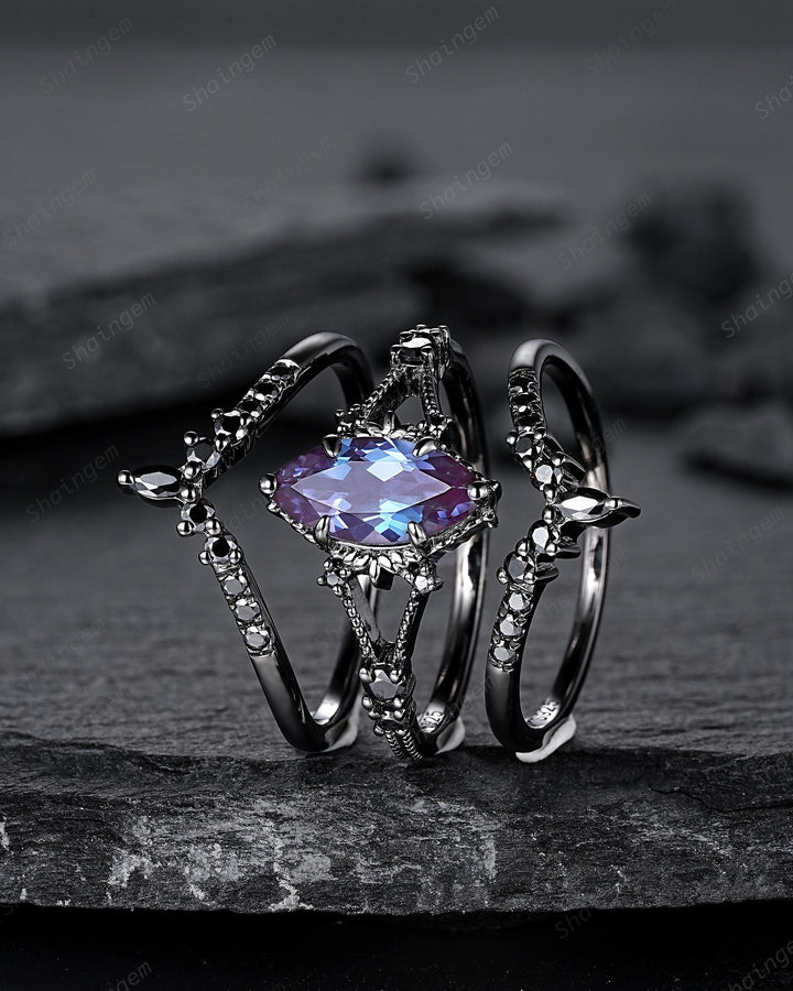 Black Gold 3PCS Marquise Cut Alexandrite Engagement Ring Set, Gothic Punk Bridal Set, Black Rhodium Wedding Set, Black Promise Ring Gift - ShainJewelry