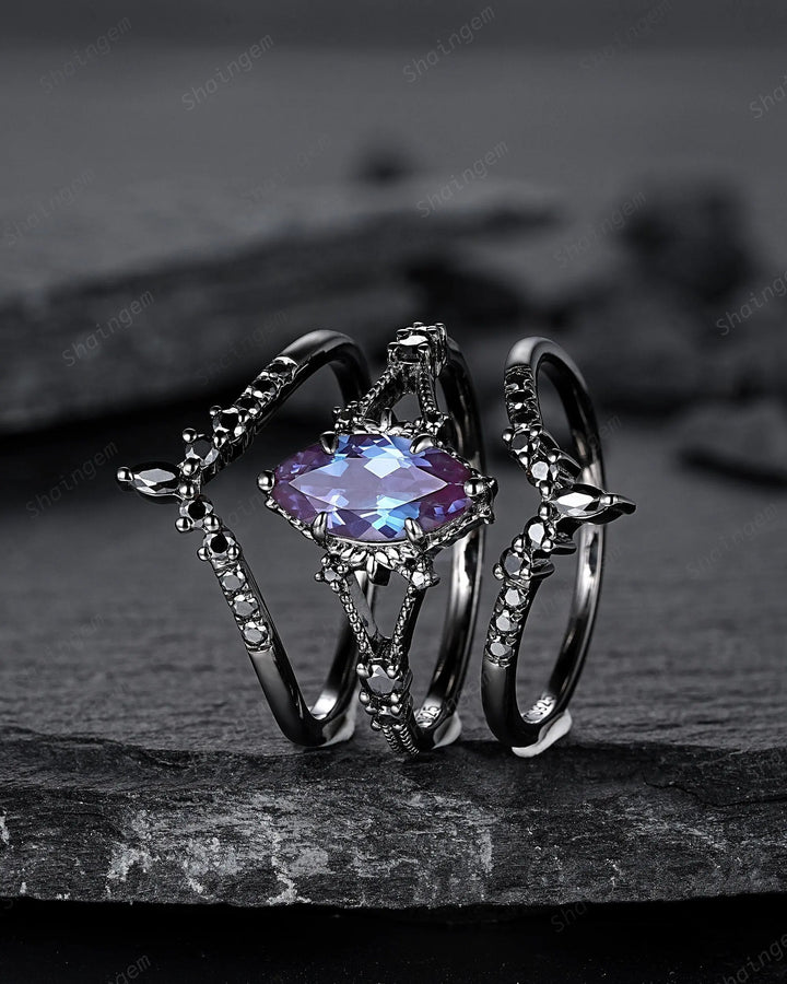 3PCS Gothic Marquise Cut Alexandrite Engagement Ring Set, Witchy Punk Bridal Set, Black Rhodium Wedding Set, Black Gold Promise Ring Gift - ShainJewelry