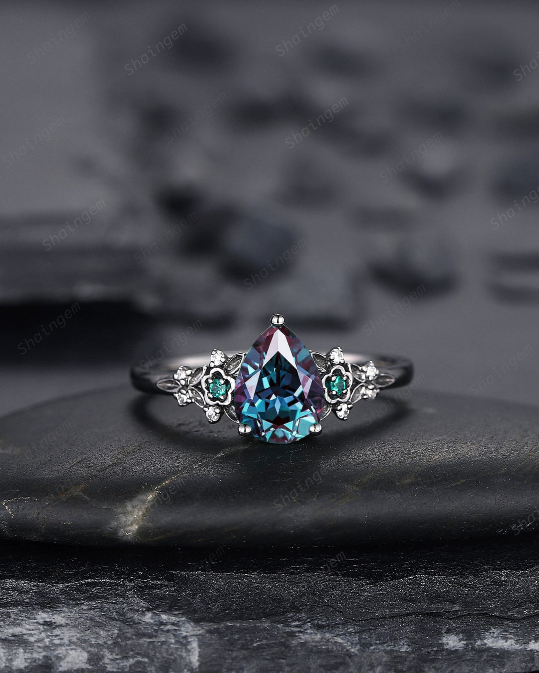 Black Gold Pear Cut Alexandrite and Emerald Engagement Ring, Black Floral Promise Ring , Unique Black Rhodium Wedding Ring Bridal Set Gift - ShainJewelry