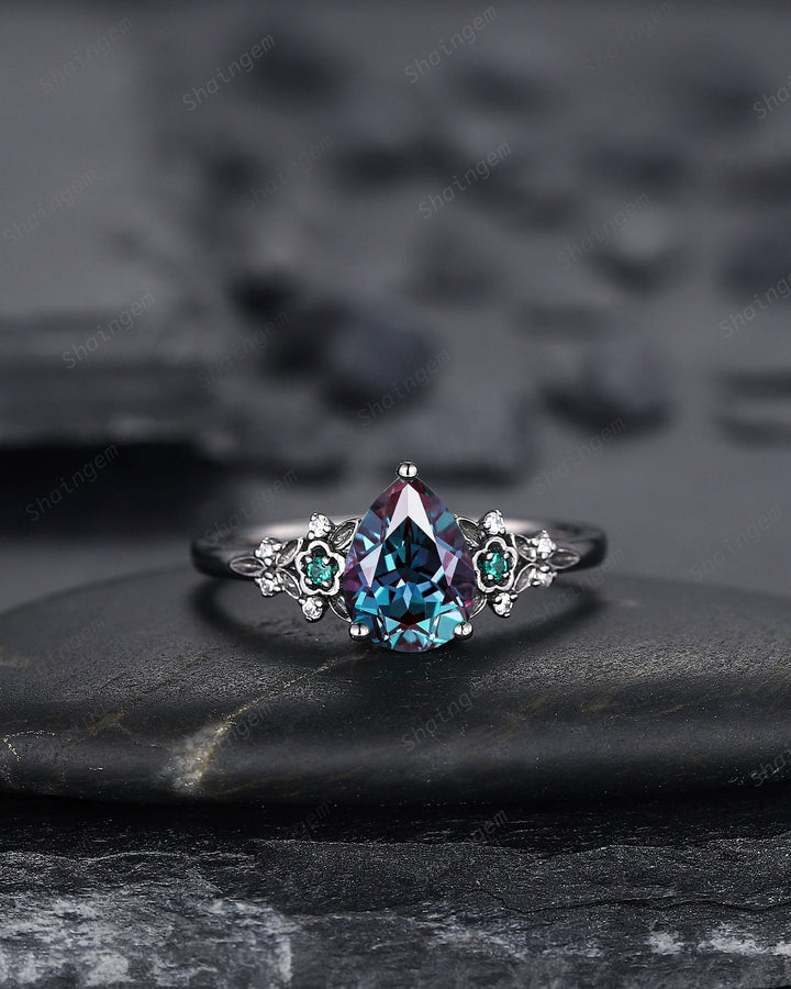 Black Gold Pear Cut Alexandrite and Emerald Engagement Ring, Black Floral Promise Ring , Unique Black Rhodium Wedding Ring Bridal Set Gift - ShainJewelry