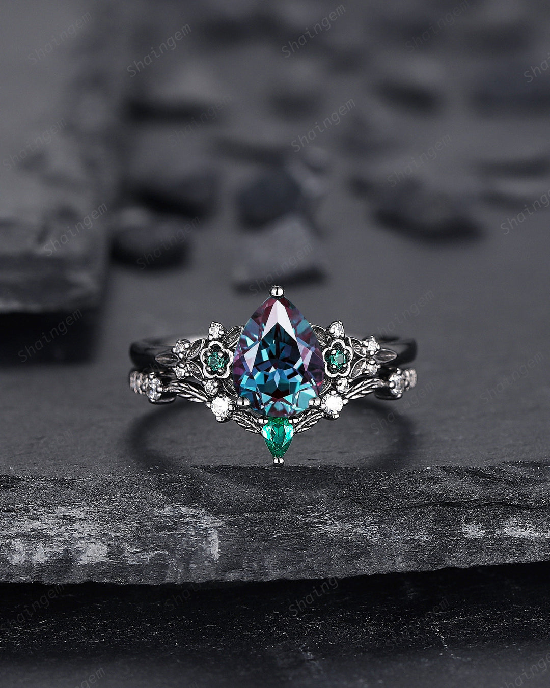 Black Gold Pear Cut Alexandrite and Emerald Engagement Ring, Black Floral Promise Ring , Unique Black Rhodium Wedding Ring Bridal Set Gift - ShainJewelry