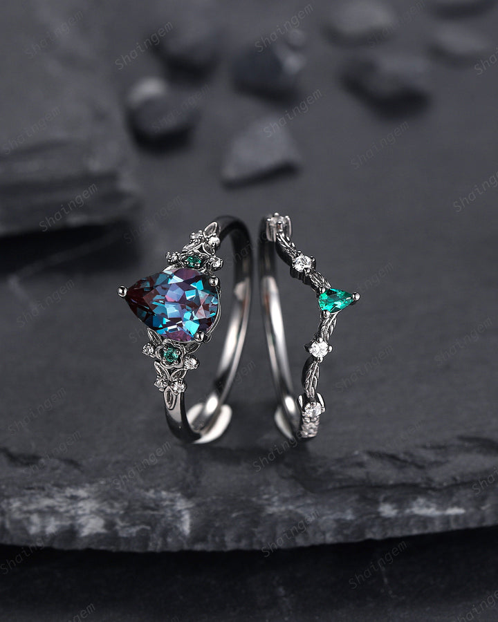 Black Gold Pear Cut Alexandrite and Emerald Engagement Ring, Black Floral Promise Ring , Unique Black Rhodium Wedding Ring Bridal Set Gift - ShainJewelry