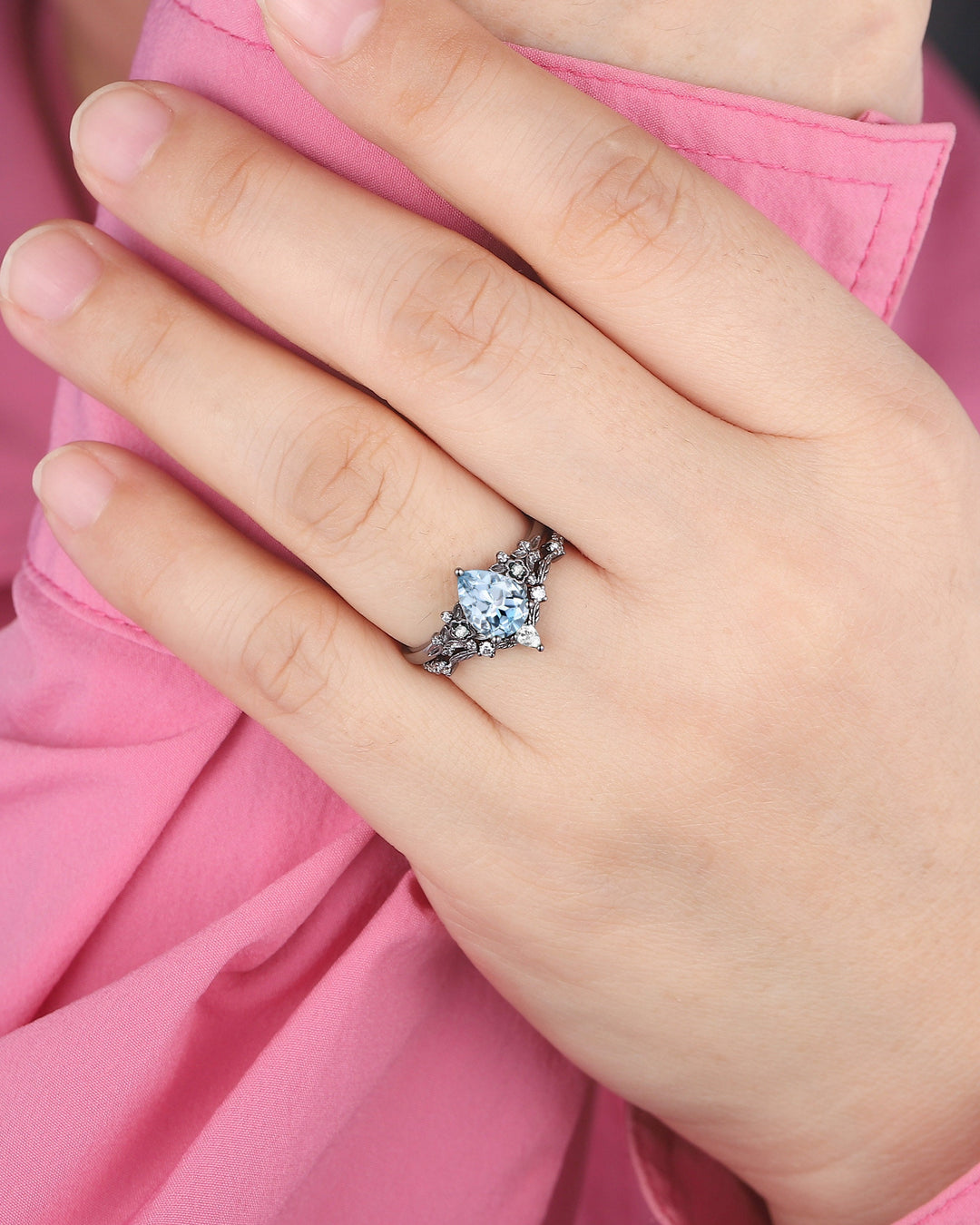 Gothic Black Gold Pear Cut Aquamarine Engagement Ring, Black Floral Promise Ring , Unique Black Rhodium Wedding Ring Bridal Set Gift for her - ShainJewelry
