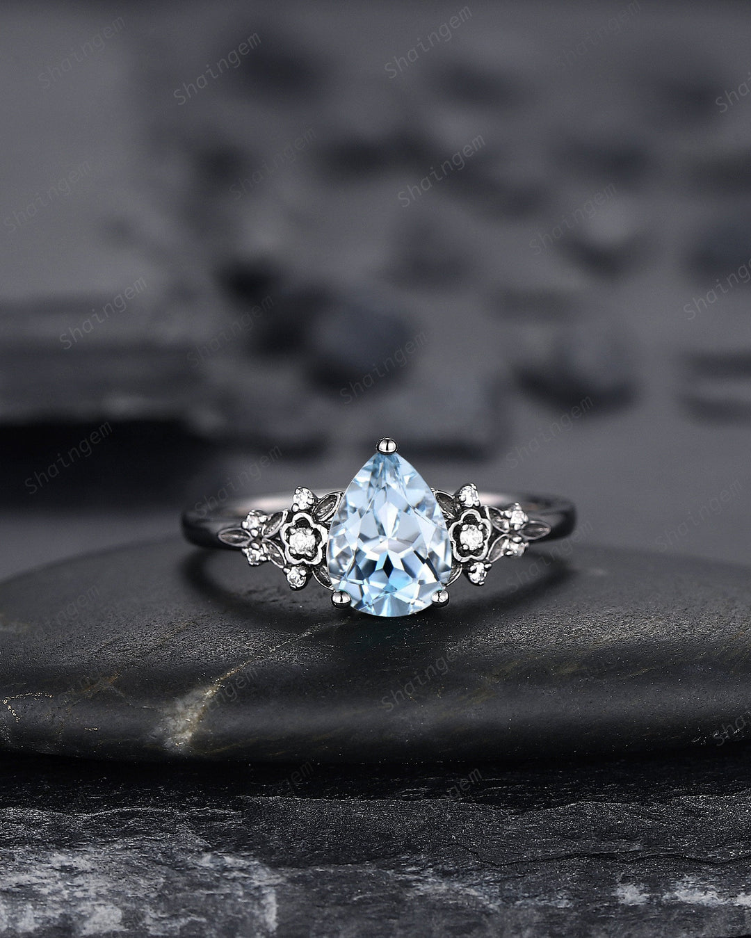 Gothic Black Gold Pear Cut Aquamarine Engagement Ring, Black Floral Promise Ring , Unique Black Rhodium Wedding Ring Bridal Set Gift for her - ShainJewelry