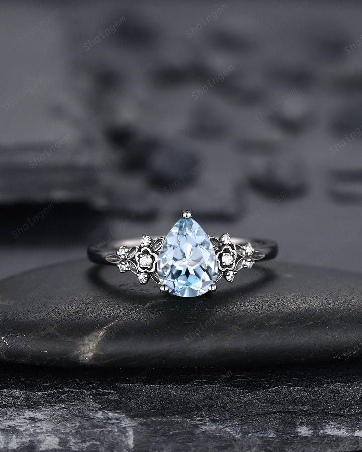 Gothic Black Gold Pear Cut Aquamarine Engagement Ring, Black Floral Promise Ring , Unique Black Rhodium Wedding Ring Bridal Set Gift for her - ShainJewelry