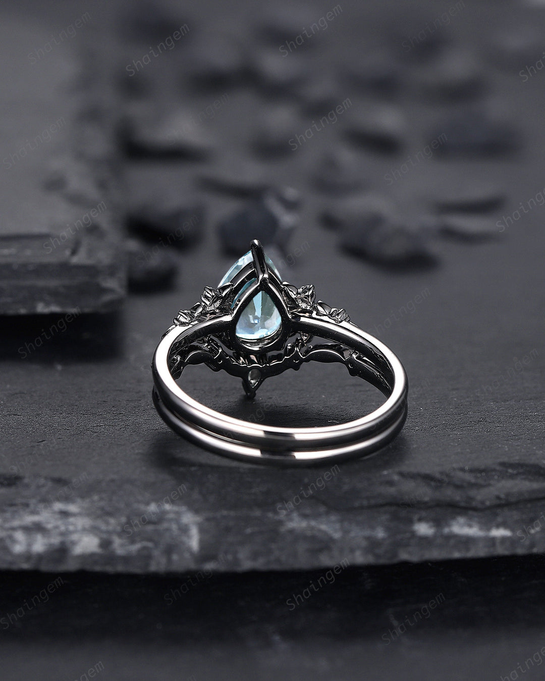 Gothic Black Gold Pear Cut Aquamarine Engagement Ring, Black Floral Promise Ring , Unique Black Rhodium Wedding Ring Bridal Set Gift for her - ShainJewelry
