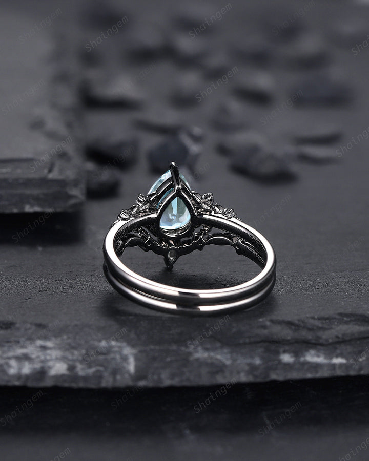 Gothic Black Gold Pear Cut Aquamarine Engagement Ring, Black Floral Promise Ring , Unique Black Rhodium Wedding Ring Bridal Set Gift for her - ShainJewelry