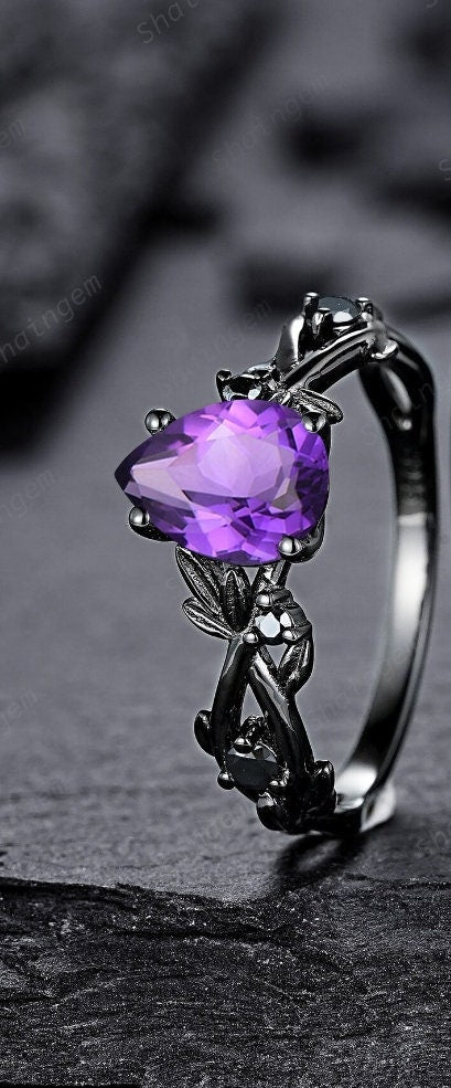 Gothic Pear Cut Amethyst Black Leaf Engagement Ring Set, Black Gold Vine Promise Ring, Rhodium Black Twig Branch Wedding Ring Bridal Set - ShainJewelry
