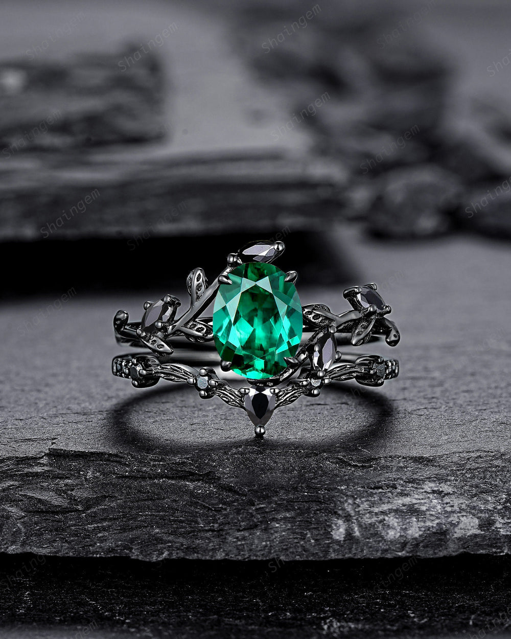 Vintage Black Gold Oval Shape Emerald Leaf Engagement Ring, Unique Rhodium Black Twig Branch Wedding Set, Witchy Promise Ring Gift for Women - ShainJewelry