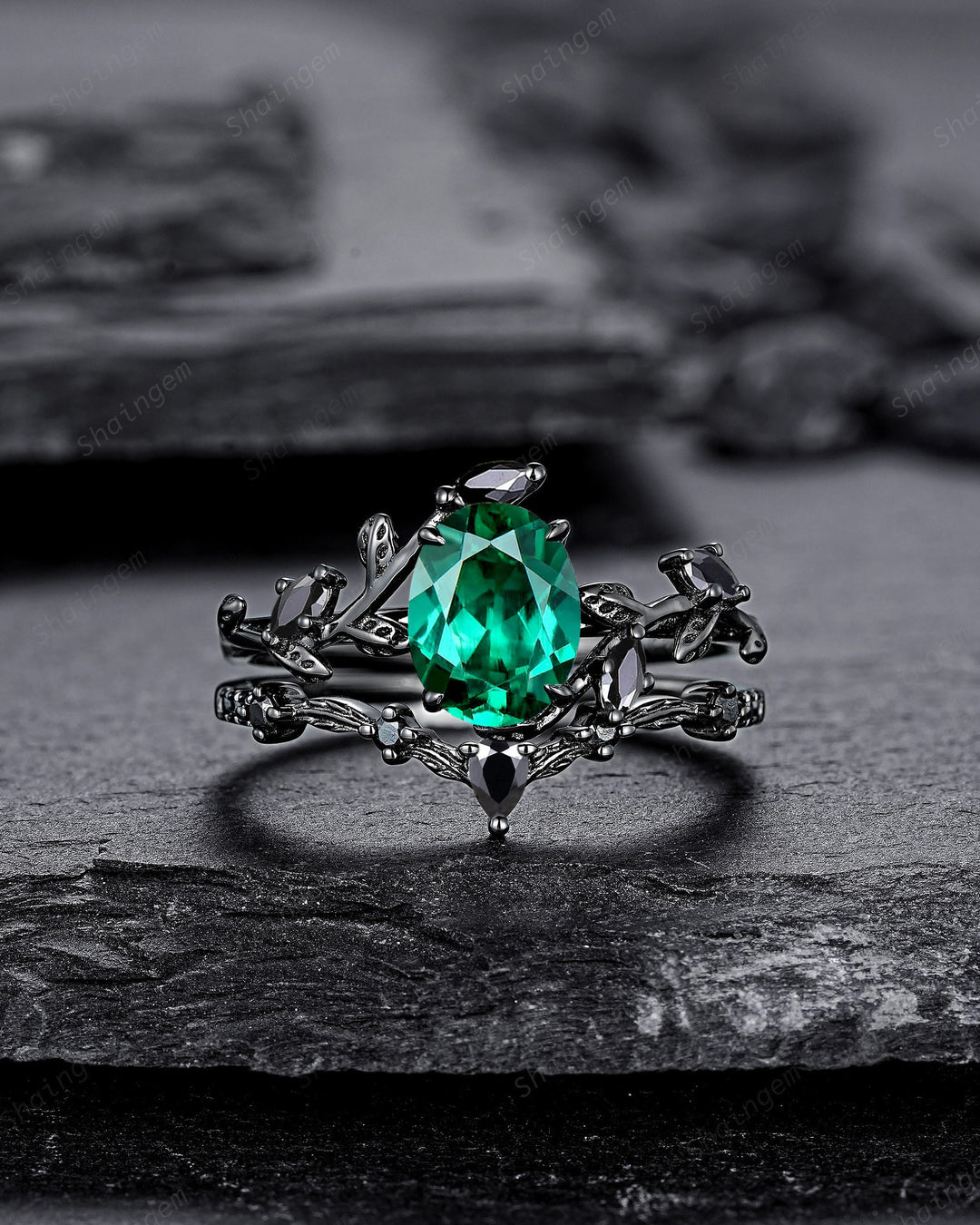 Vintage Black Gold Oval Shape Emerald Leaf Engagement Ring, Unique Rhodium Black Twig Branch Wedding Set, Witchy Promise Ring Gift for Women - ShainJewelry
