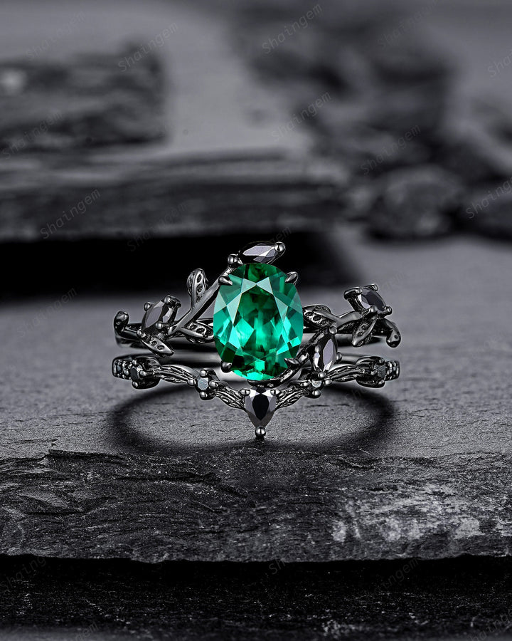 Vintage Black Gold Oval Shape Emerald Leaf Engagement Ring, Unique Rhodium Black Twig Branch Wedding Set, Witchy Promise Ring Gift for Women - ShainJewelry