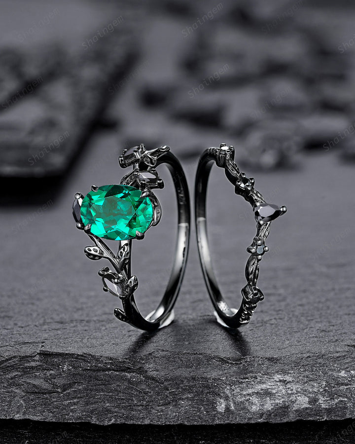 Vintage Black Gold Oval Shape Emerald Leaf Engagement Ring, Unique Rhodium Black Twig Branch Wedding Set, Witchy Promise Ring Gift for Women - ShainJewelry