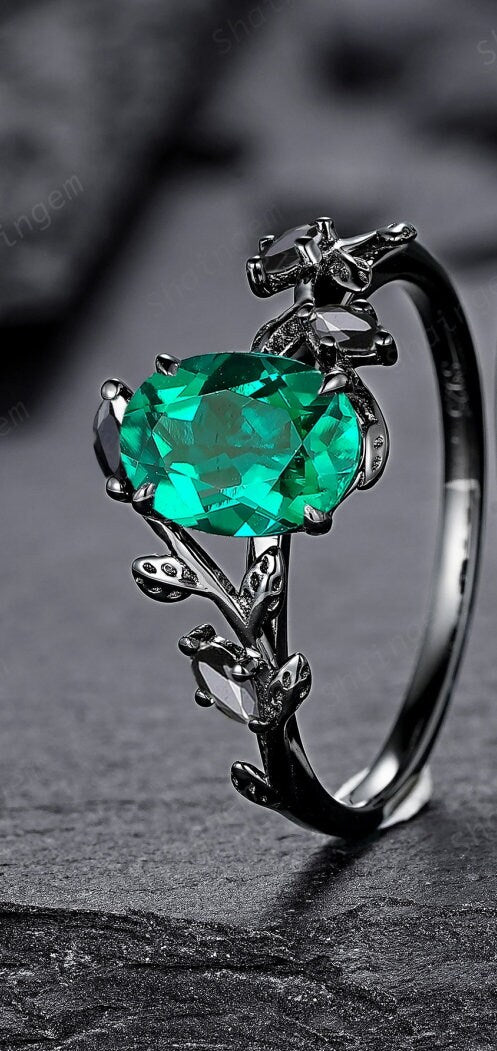 Vintage Black Gold Oval Shape Emerald Leaf Engagement Ring, Unique Rhodium Black Twig Branch Wedding Set, Witchy Promise Ring Gift for Women - ShainJewelry