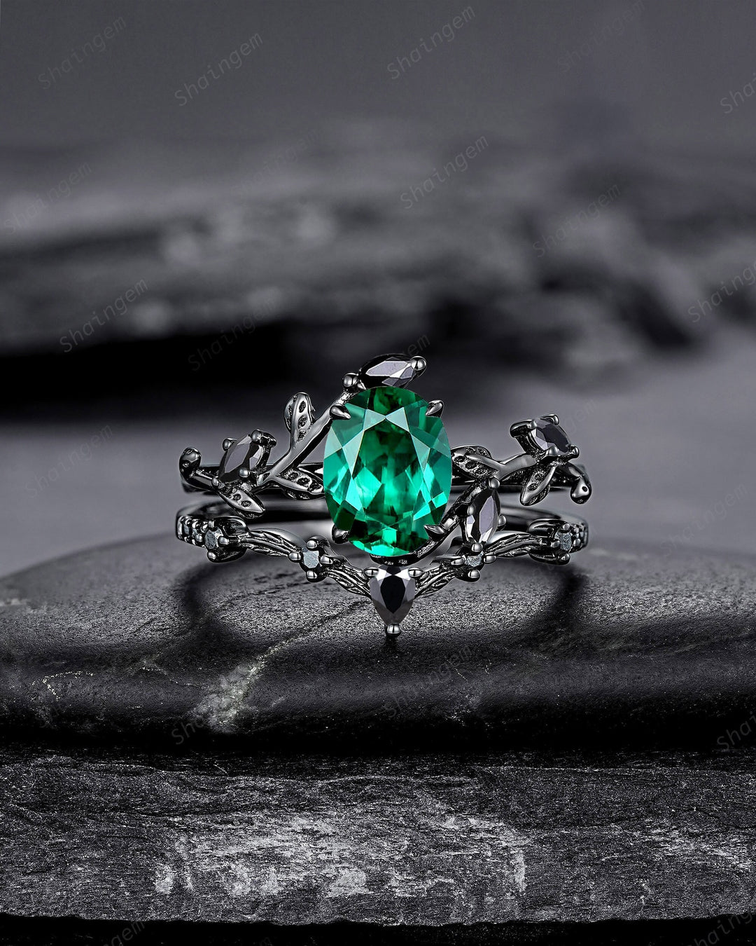 Vintage Black Gold Oval Shape Emerald Leaf Engagement Ring, Unique Rhodium Black Twig Branch Wedding Set, Witchy Promise Ring Gift for Women - ShainJewelry