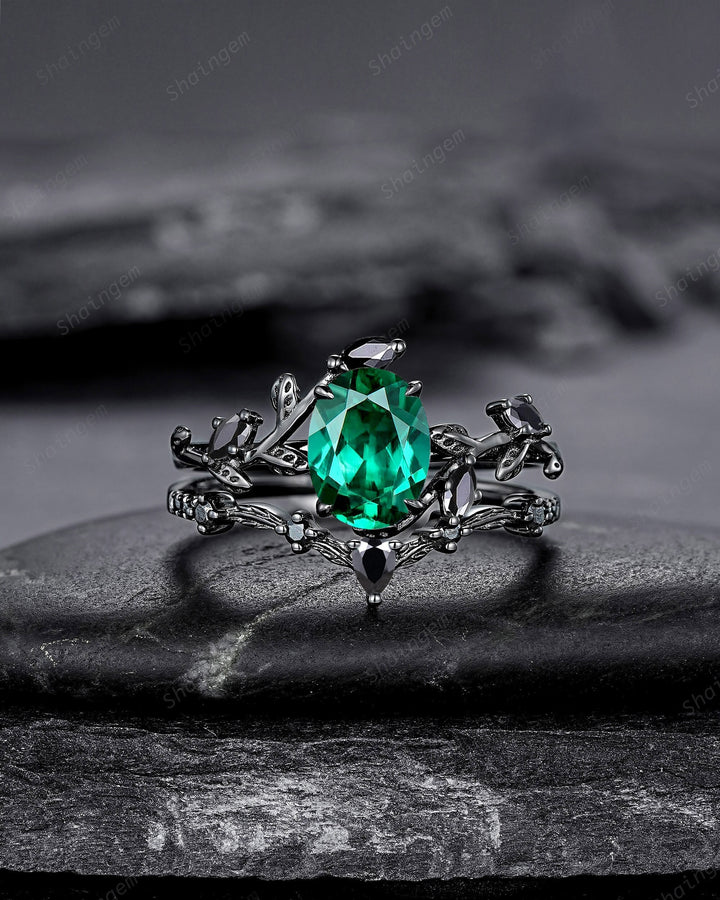 Vintage Black Gold Oval Shape Emerald Leaf Engagement Ring, Unique Rhodium Black Twig Branch Wedding Set, Witchy Promise Ring Gift for Women - ShainJewelry