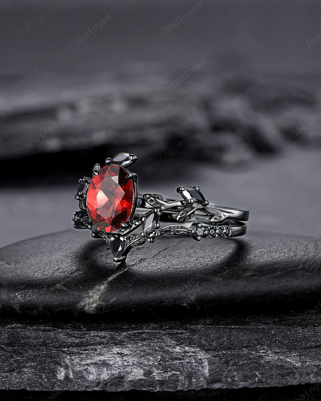 Vintage Black Gold Oval Shape Garnet Leaf Engagement Ring, Unique Rhodium Black Twig Branch Wedding Set, Witchy Promise Ring Gift for Women - ShainJewelry
