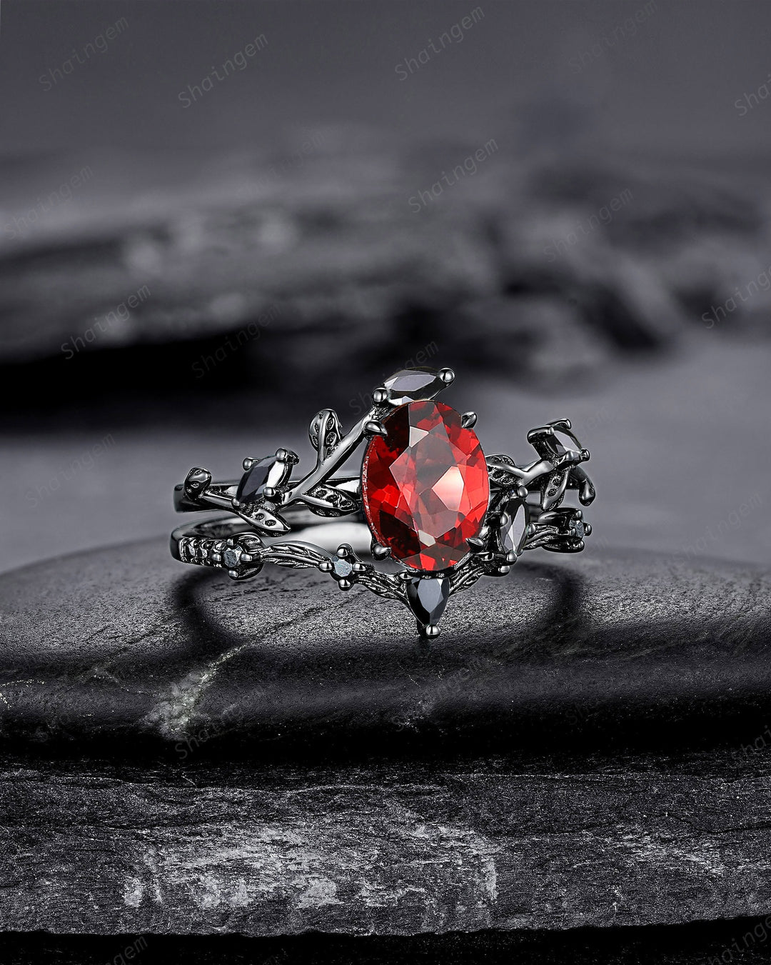 Vintage Black Gold Oval Shape Garnet Leaf Engagement Ring, Unique Rhodium Black Twig Branch Wedding Set, Witchy Promise Ring Gift for Women - ShainJewelry