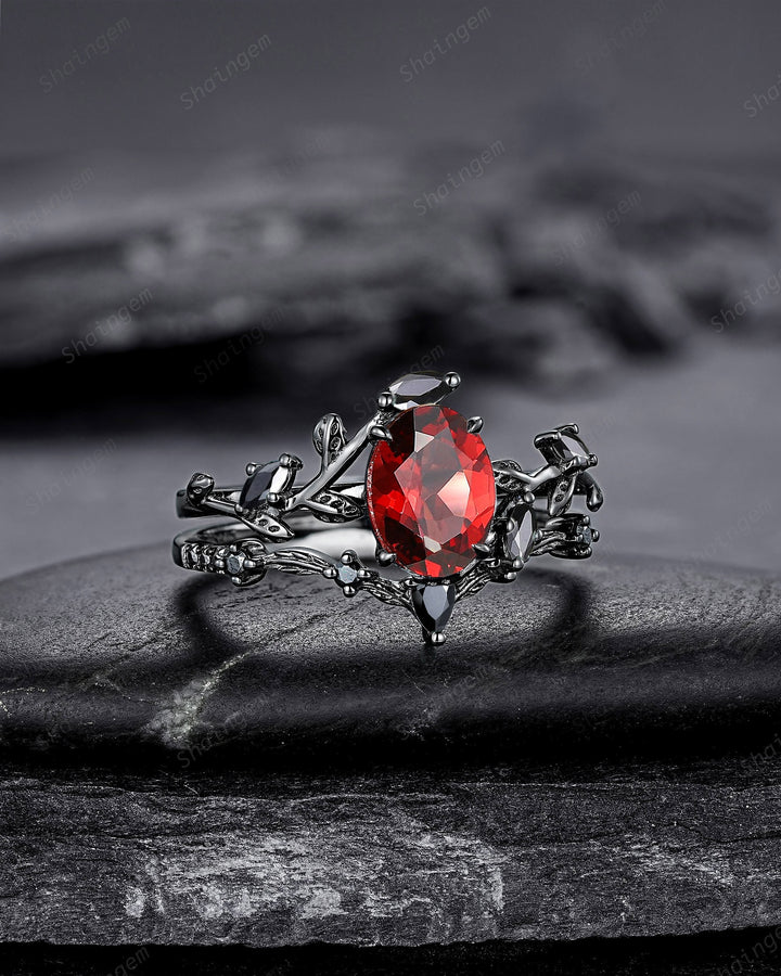 Vintage Black Gold Oval Shape Garnet Leaf Engagement Ring, Unique Rhodium Black Twig Branch Wedding Set, Witchy Promise Ring Gift for Women - ShainJewelry