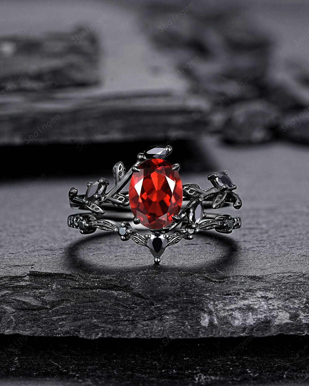 Vintage Black Gold Oval Shape Garnet Leaf Engagement Ring, Unique Rhodium Black Twig Branch Wedding Set, Witchy Promise Ring Gift for Women - ShainJewelry