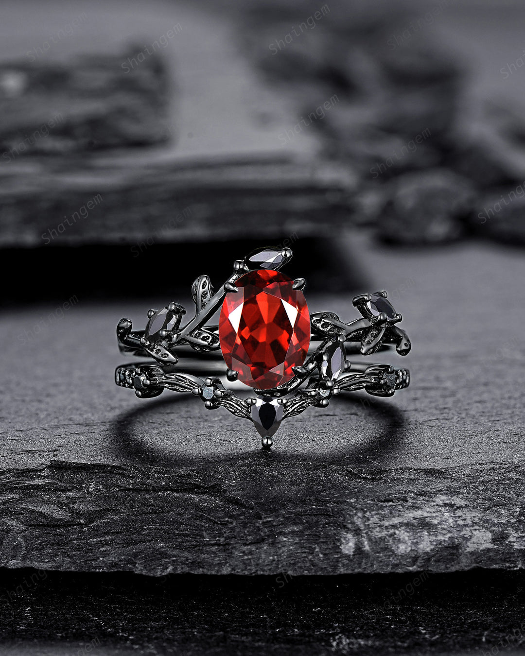 Vintage Black Gold Oval Shape Garnet Leaf Engagement Ring, Unique Rhodium Black Twig Branch Wedding Set, Witchy Promise Ring Gift for Women - ShainJewelry