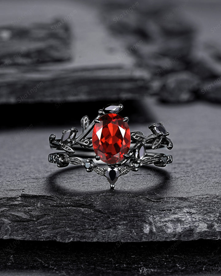 Vintage Black Gold Oval Shape Garnet Leaf Engagement Ring, Unique Rhodium Black Twig Branch Wedding Set, Witchy Promise Ring Gift for Women - ShainJewelry