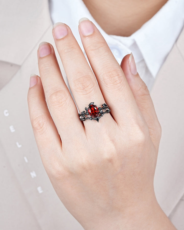 Vintage Black Gold Oval Shape Garnet Leaf Engagement Ring, Unique Rhodium Black Twig Branch Wedding Set, Witchy Promise Ring Gift for Women - ShainJewelry