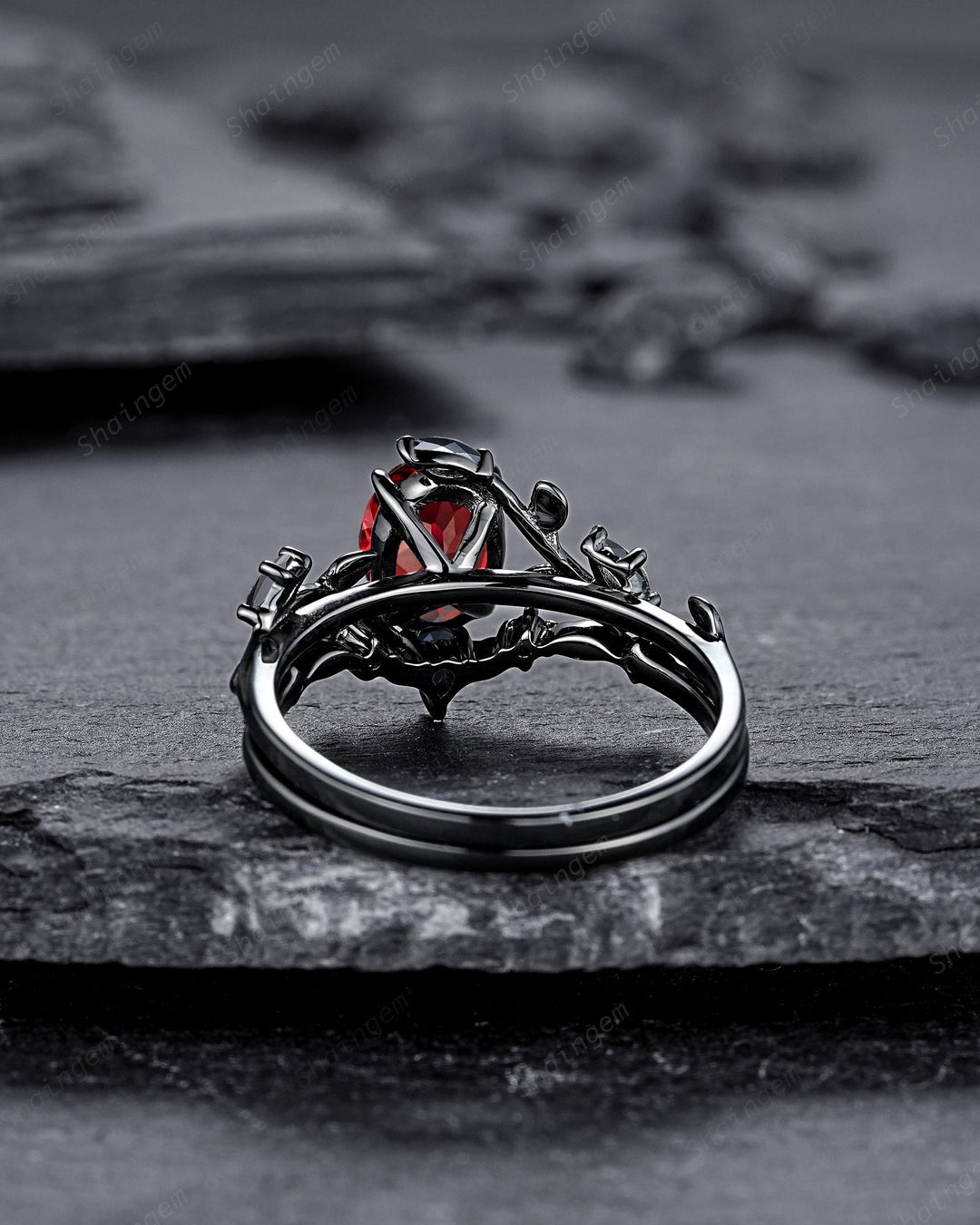 Vintage Black Gold Oval Shape Garnet Leaf Engagement Ring, Unique Rhodium Black Twig Branch Wedding Set, Witchy Promise Ring Gift for Women - ShainJewelry