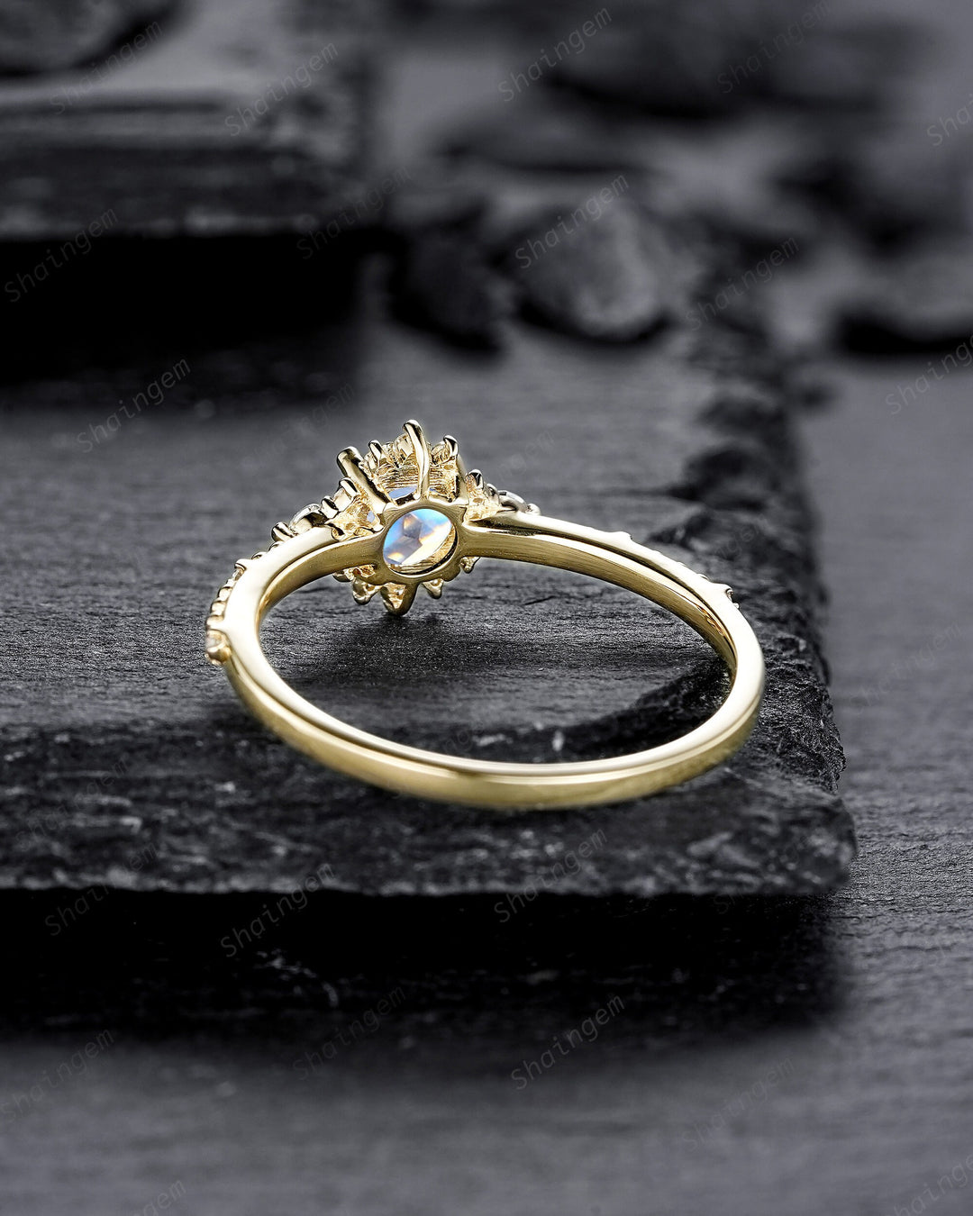Dainty Natural Moonstone Engagement Ring, Unique Yellow Gold Round Cut Moonstone Floral Promise Ring, Milgrain Wedding Ring Gift for Women - ShainJewelry
