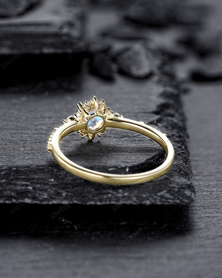 Dainty Natural Moonstone Engagement Ring, Unique Yellow Gold Round Cut Moonstone Floral Promise Ring, Milgrain Wedding Ring Gift for Women - ShainJewelry