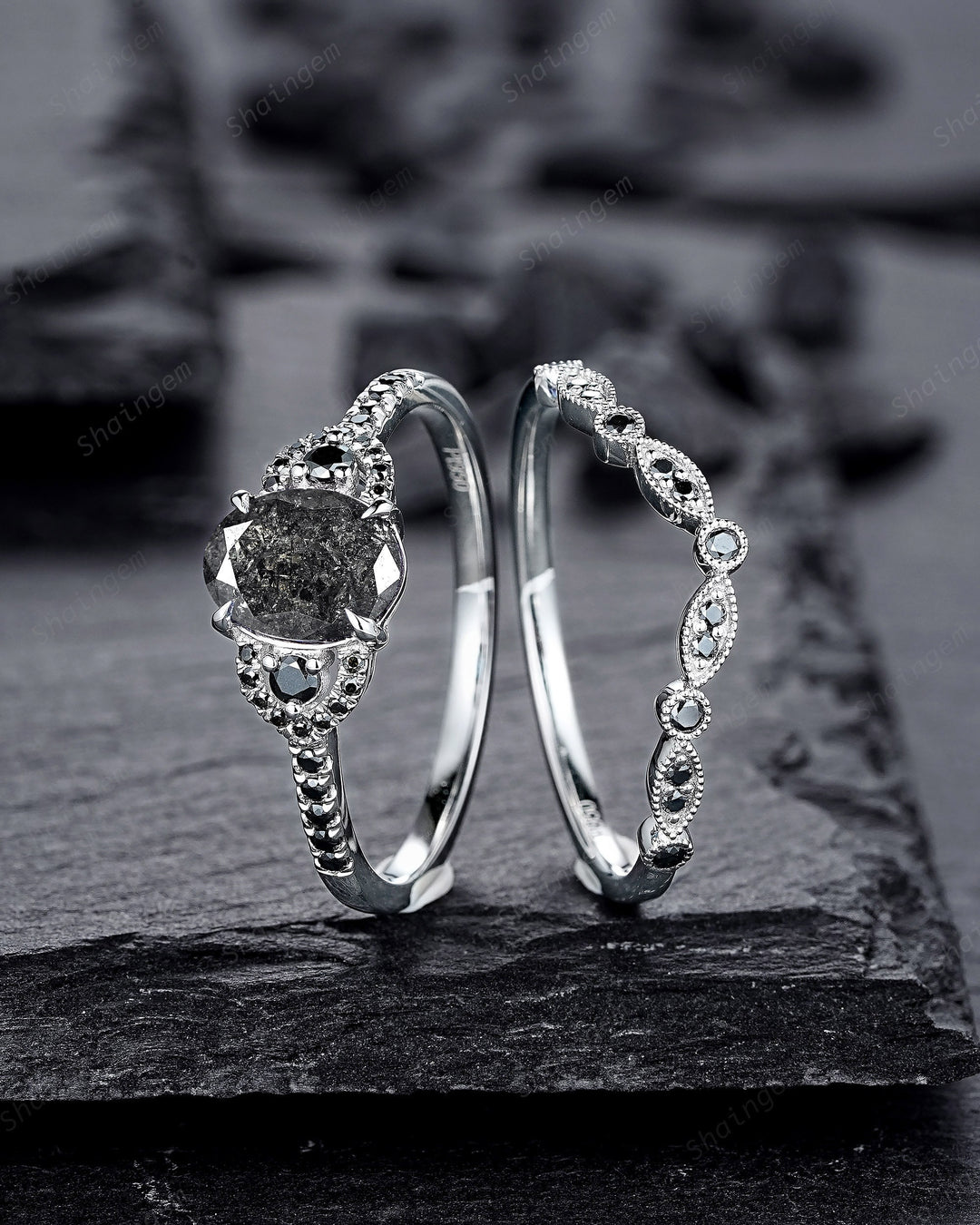 Platinum Natural Salt and Pepper Diamond Engagement Ring Set, Gray Diamond Promise Ring, White Gold Oval Shape Black Diamond Wedding Ring - ShainJewelry