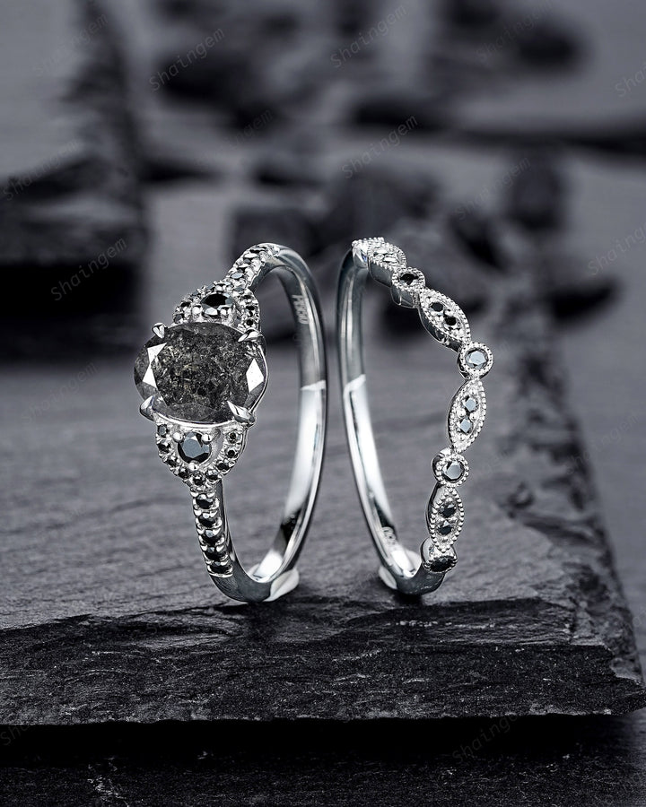 Platinum Natural Salt and Pepper Diamond Engagement Ring Set, Gray Diamond Promise Ring, White Gold Oval Shape Black Diamond Wedding Ring - ShainJewelry