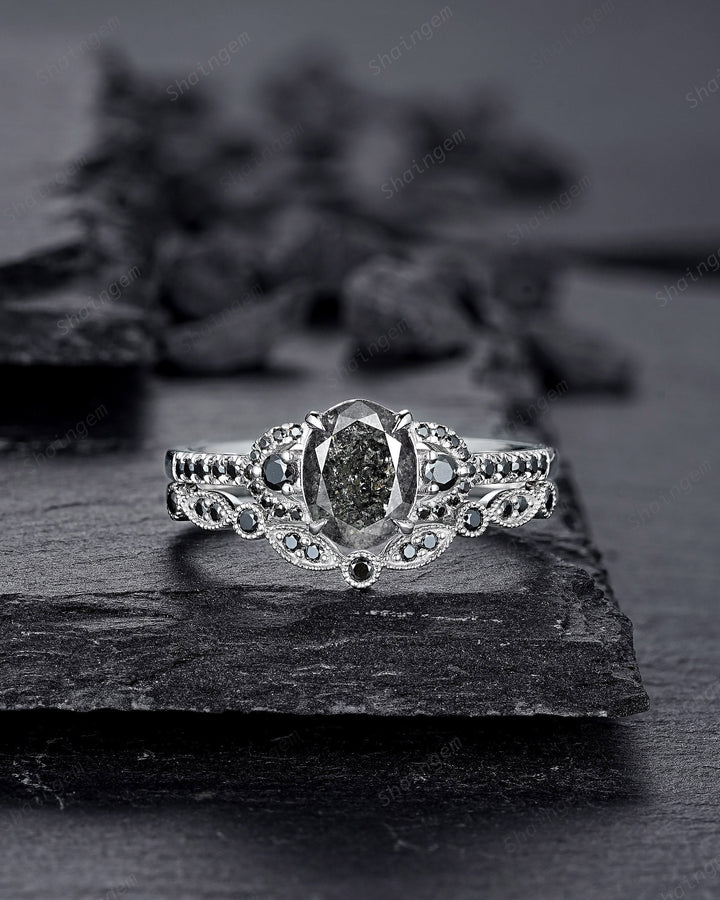 Platinum Natural Salt and Pepper Diamond Engagement Ring Set, Gray Diamond Promise Ring, White Gold Oval Shape Black Diamond Wedding Ring - ShainJewelry