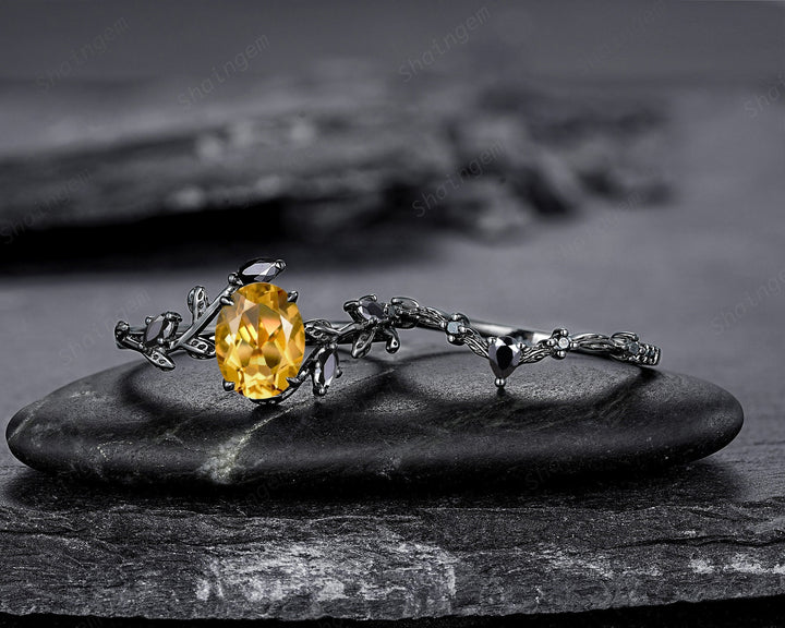 Gothic Black Gold Oval Cut Citrine Leaf Engagement Ring, Black Twig Branch Promise Ring Black Rhodium Wedding Ring Bridal Set Gift for Women - ShainJewelry