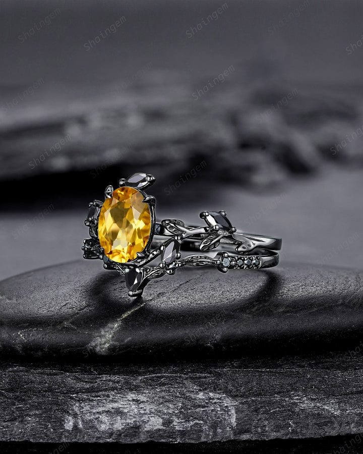 Gothic Black Gold Oval Cut Citrine Leaf Engagement Ring, Black Twig Branch Promise Ring Black Rhodium Wedding Ring Bridal Set Gift for Women - ShainJewelry