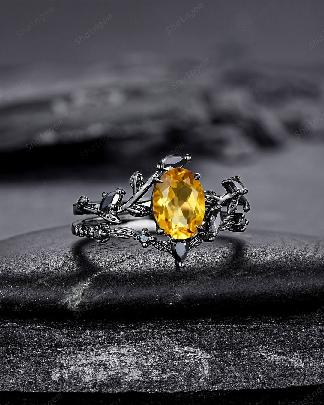 Gothic Black Gold Oval Cut Citrine Leaf Engagement Ring, Black Twig Branch Promise Ring Black Rhodium Wedding Ring Bridal Set Gift for Women - ShainJewelry