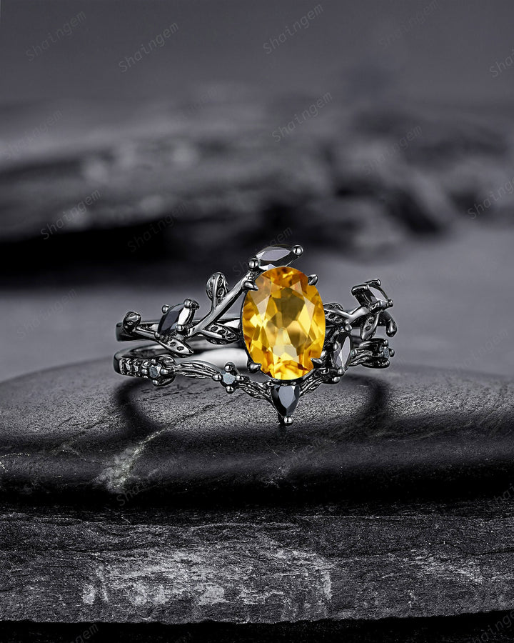 Gothic Black Gold Oval Cut Citrine Leaf Engagement Ring, Black Twig Branch Promise Ring Black Rhodium Wedding Ring Bridal Set Gift for Women - ShainJewelry