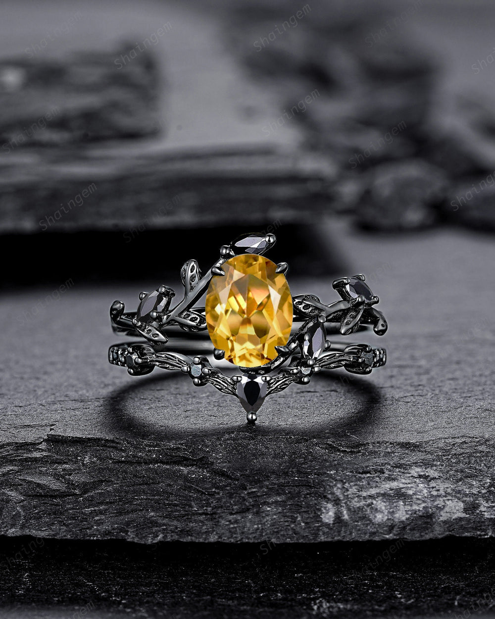 Gothic Black Gold Oval Cut Citrine Leaf Engagement Ring, Black Twig Branch Promise Ring Black Rhodium Wedding Ring Bridal Set Gift for Women - ShainJewelry