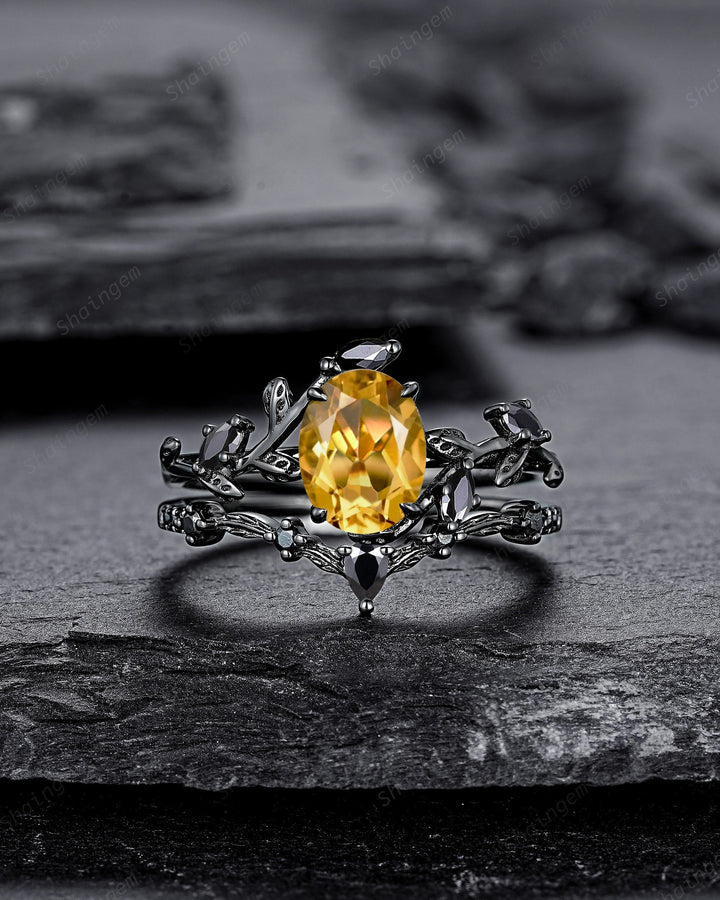 Gothic Black Gold Oval Cut Citrine Leaf Engagement Ring, Black Twig Branch Promise Ring Black Rhodium Wedding Ring Bridal Set Gift for Women - ShainJewelry