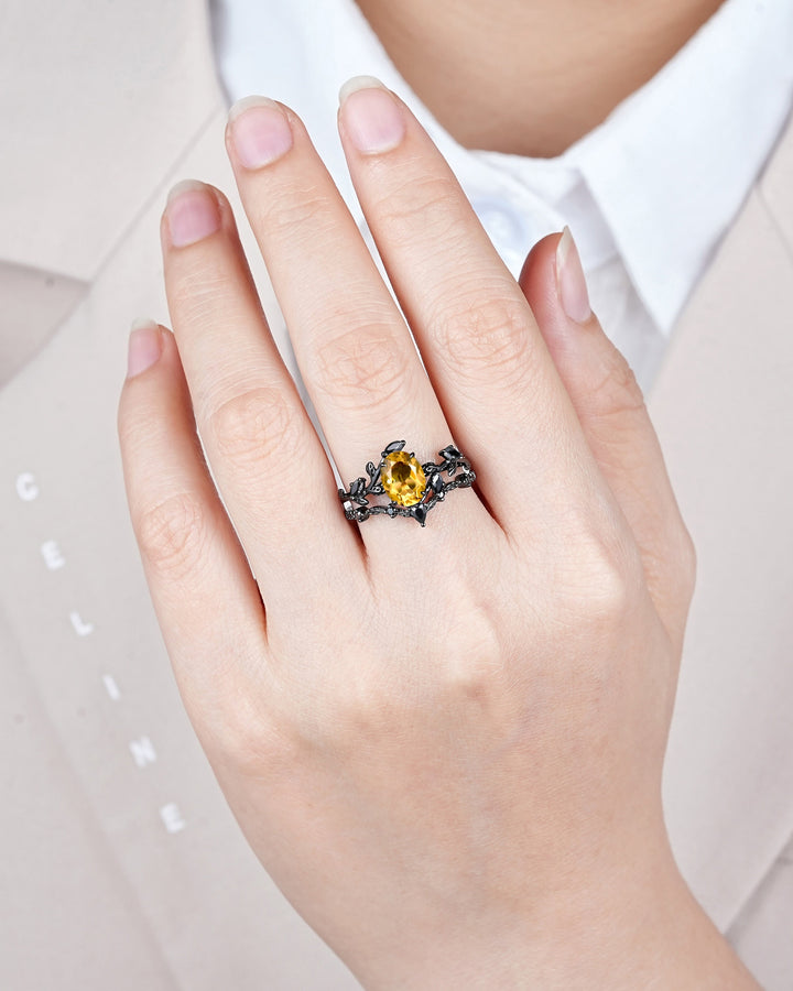 Gothic Black Gold Oval Cut Citrine Leaf Engagement Ring, Black Twig Branch Promise Ring Black Rhodium Wedding Ring Bridal Set Gift for Women - ShainJewelry