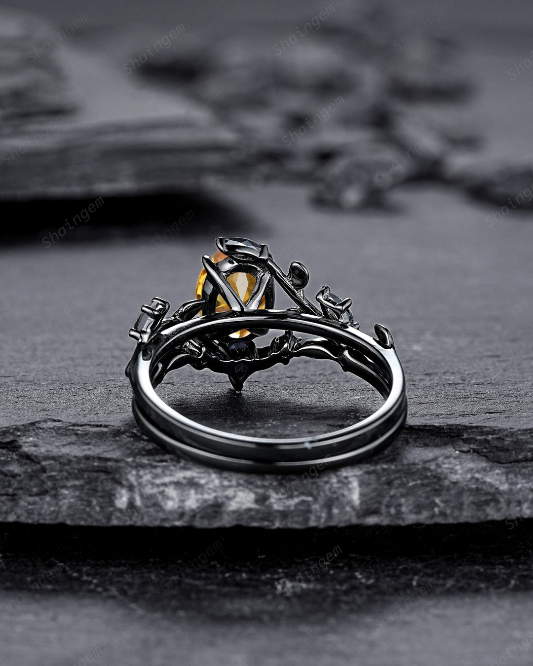 Gothic Black Gold Oval Cut Citrine Leaf Engagement Ring, Black Twig Branch Promise Ring Black Rhodium Wedding Ring Bridal Set Gift for Women - ShainJewelry