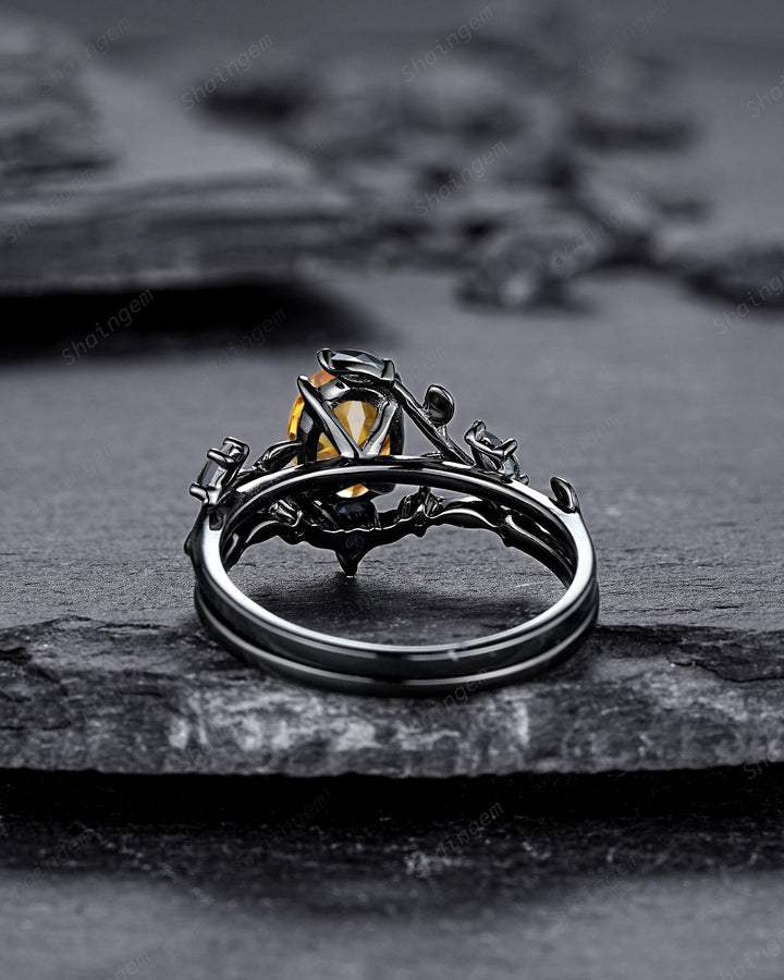 Gothic Black Gold Oval Cut Citrine Leaf Engagement Ring, Black Twig Branch Promise Ring Black Rhodium Wedding Ring Bridal Set Gift for Women - ShainJewelry