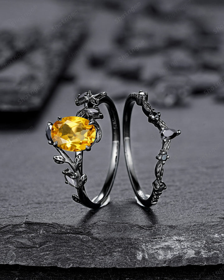 Gothic Black Gold Oval Cut Citrine Leaf Engagement Ring, Black Twig Branch Promise Ring Black Rhodium Wedding Ring Bridal Set Gift for Women - ShainJewelry